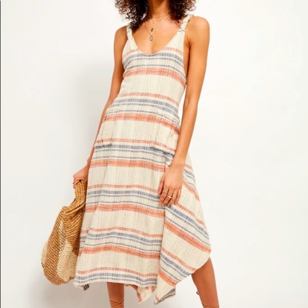 Free People Cream Striped Midi Dress with Rust and Blue Accents